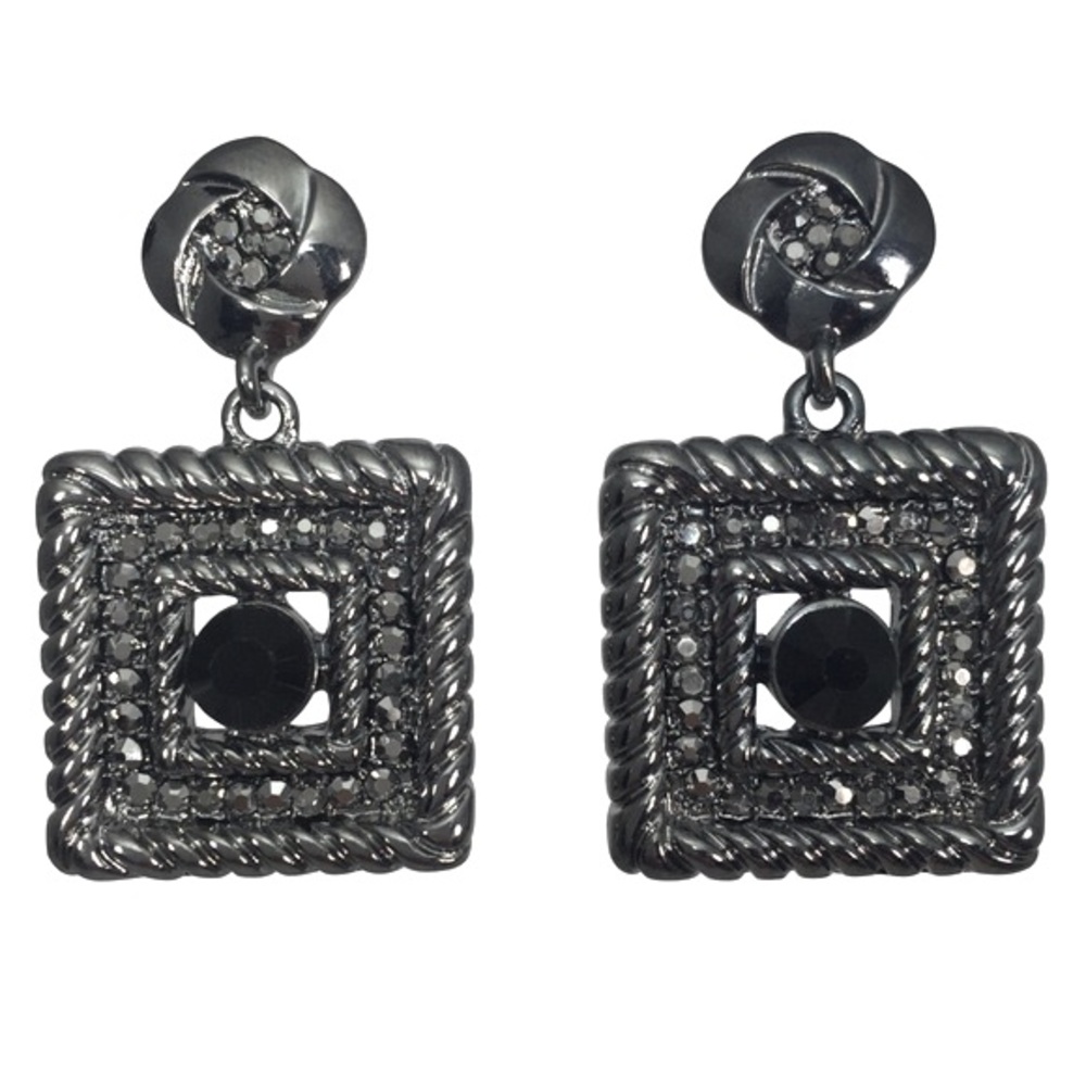 Square Gun Metal Rhinestone Grey Black Drop Earrings